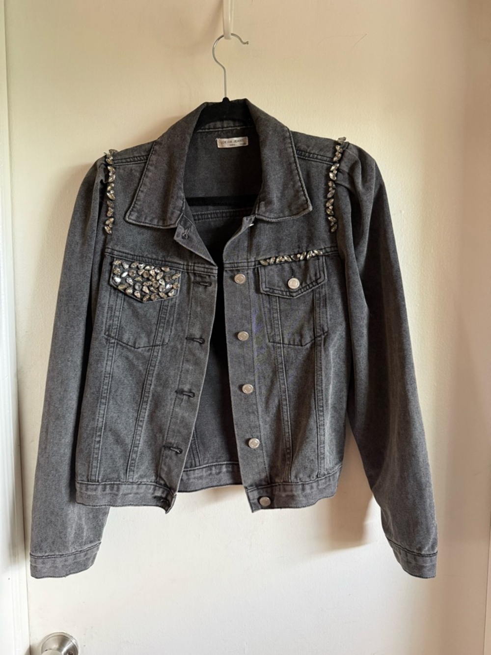 Embellished Grey Denim Jacket with Crystal Detail - Women